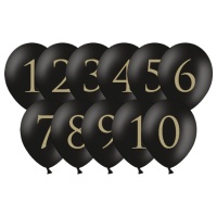 Schwarze Latexballons mit goldenen Zahlen 30 cm - PartyDeco - 11 Stück