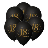 Schwarze Latexballons mit Nummer 18 gold Happy Birthday 23 cm - 6 Stück