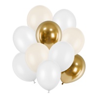 Latex-Ballons 27 bis 30 cm weiß und gold - 10 Stück.