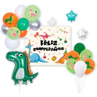 Kit de globos y cartel de dinosaurios felices - 21 piezas