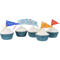 Cupcake-Kapseln mit Happy Birthday Picks - 24 Stück.