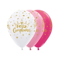 Weißer, rosa und fuchsiafarbener Satin-Latexballon Happy Birthday gold mit Krone 30 cm - Sempertex - 12 Stück.