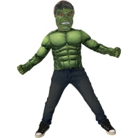 Hulk Kostüm mit Muskel-T-Shirt, Maske und Handschuhe für Kinder.