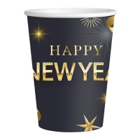 Schwarz-goldene Happy New Year Becher 200 ml - 8 Stück.