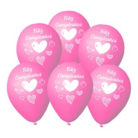 Rosa Latexballons mit Herzen Happy Birthday 23 cm - 6 Stück