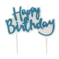 Blaue Happy Birthday Kerze mit Glitzer 10 x 6,5 cm