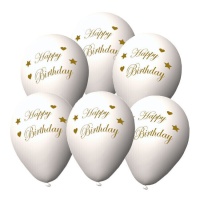 Weiße biologisch abbaubare Latexballons mit Happy Birthday Spruch in Gold 23 cm - 6 Stück