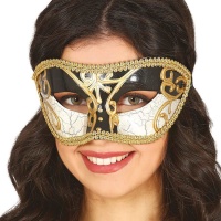 Schwarz-weiße venezianische Maske mit goldener Spitze