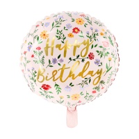 Runder Happy Birthday Ballon mit Blumen 35 cm - PartyDeco