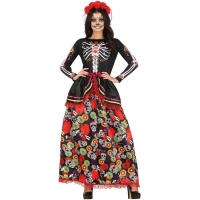 Mexikanisches Catrina Kostüm mit Blumen und Totenköpfen für Frauen.