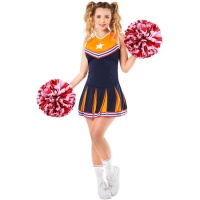 Blaues und oranges Cheerleader Kostüm für Frauen