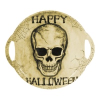 Totenkopf und Krähe Tablett mit Happy Halloween Griffen 30 cm