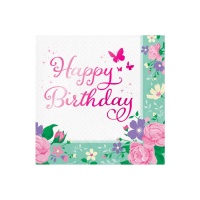 Blumen und Schmetterlinge Servietten mit Happy Birthday 16,5 x 16,5 cm - 16 Stück