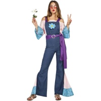 Hippie Kostüm mit blauem Overall für Frauen