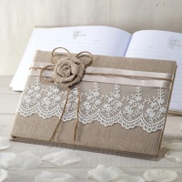 Unterschriftenbuch aus Jute mit Blume und Spitze 25 x 16 cm