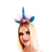 Blaues Einhorn-Stirnband mit Blumen und Tüll